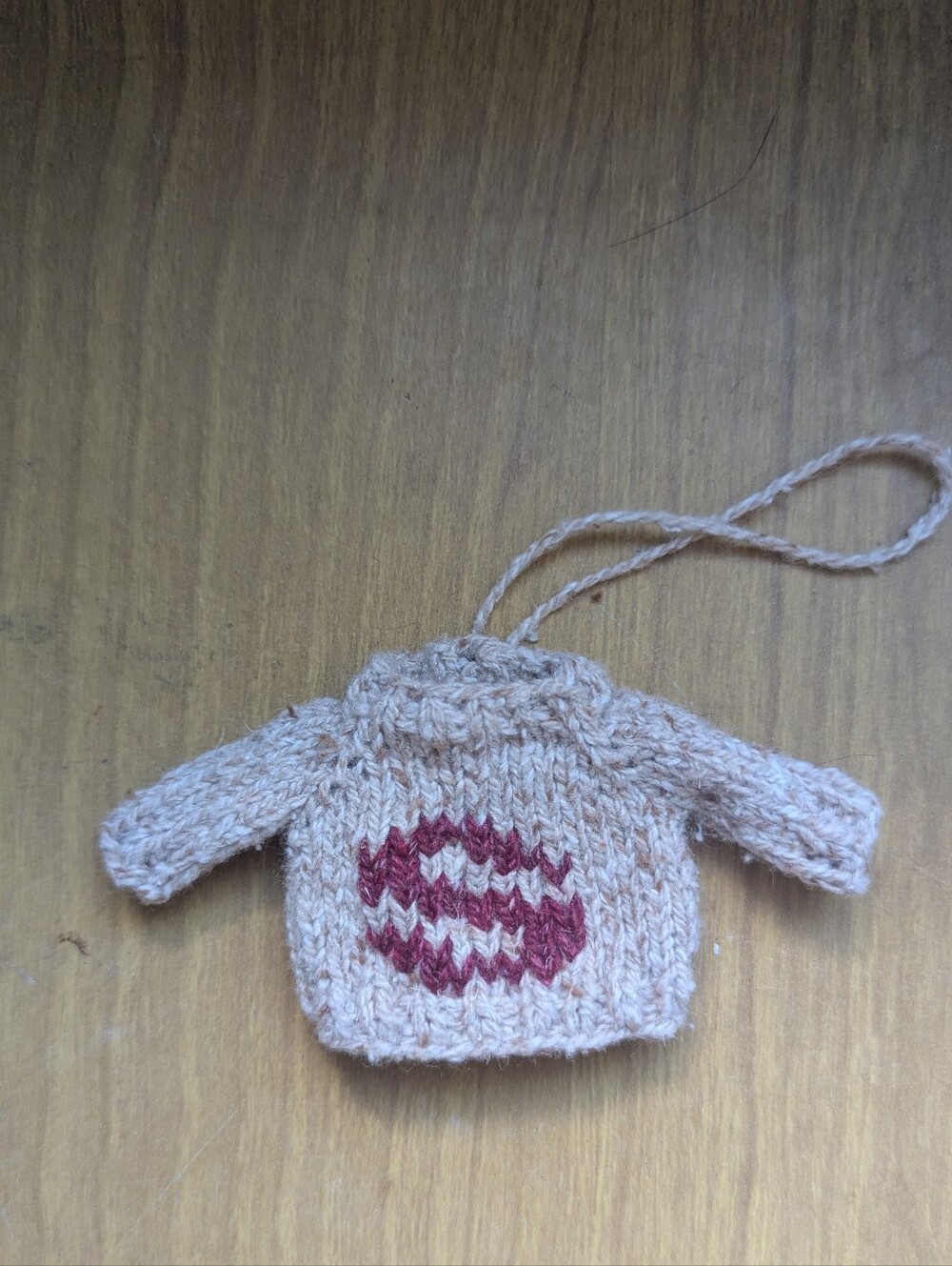 Handknit Mini Beige Sweater Ornament with Embroidered Red Letter S